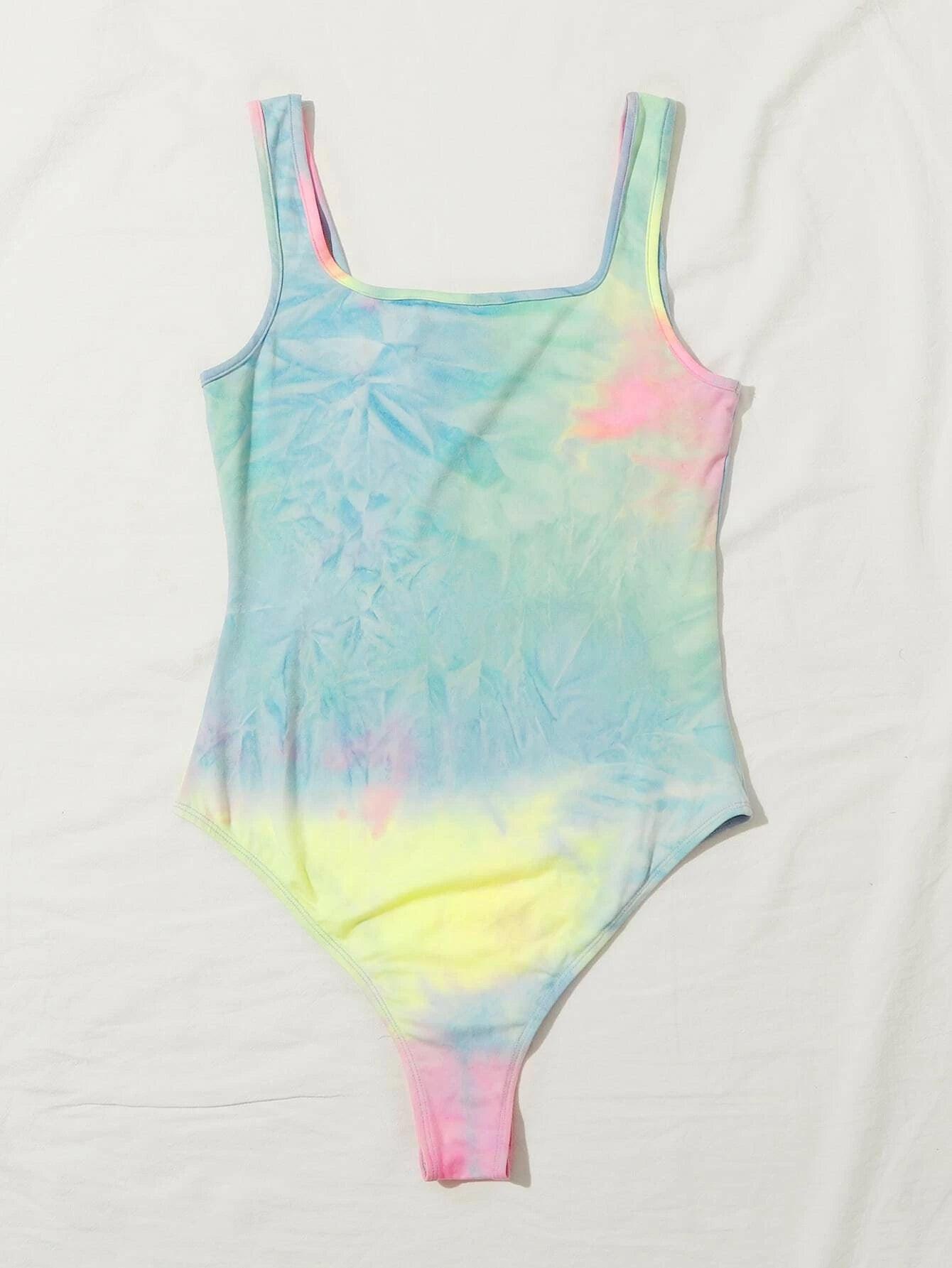 Letter Graphic Tie Dye Tank Bodysuit-Comfy Jumpsuits