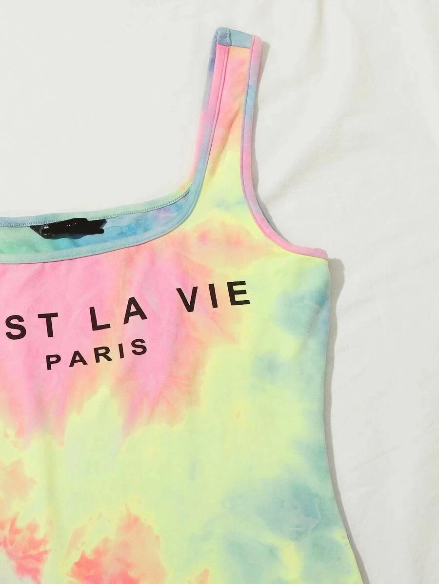 Letter Graphic Tie Dye Tank Bodysuit-Comfy Jumpsuits