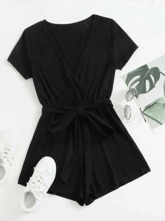 Neck Rib-knit Belted Romper-Comfy Jumpsuits