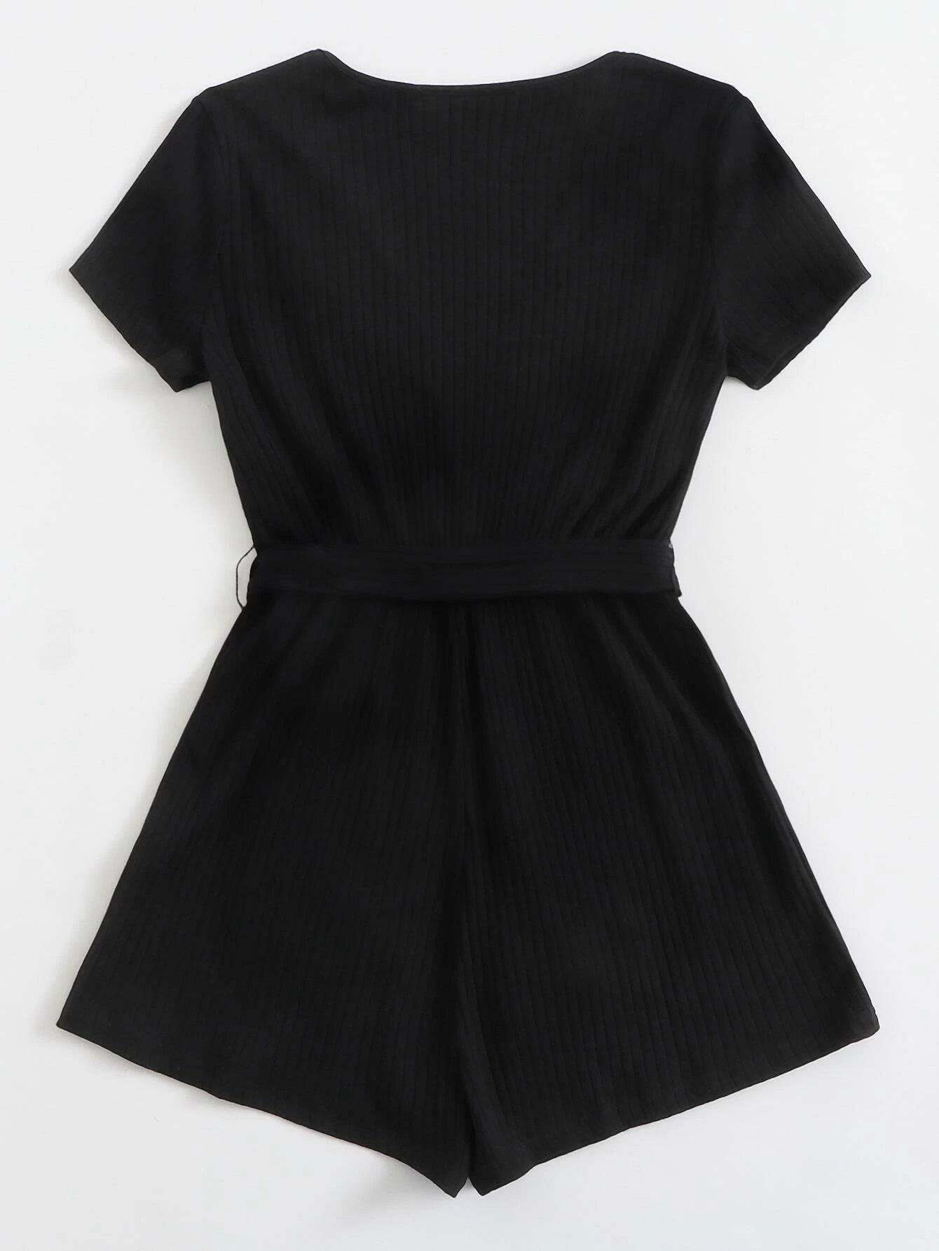 Neck Rib-knit Belted Romper-Comfy Jumpsuits
