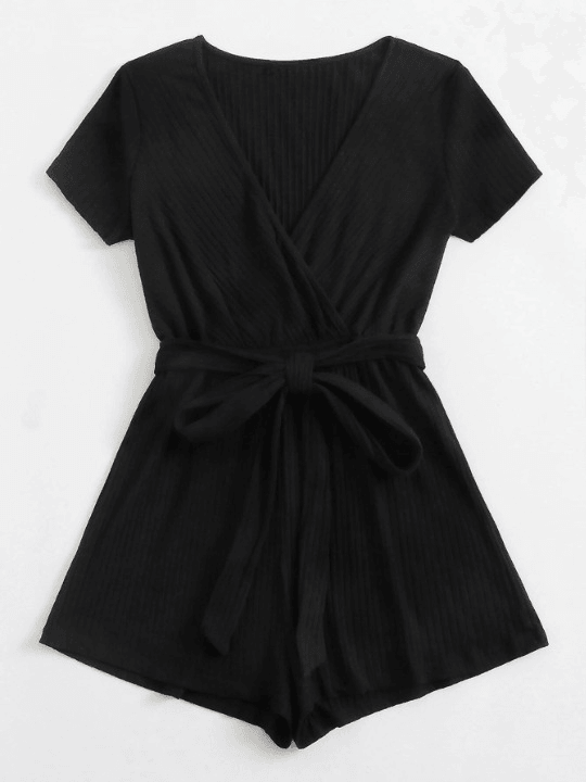 Neck Rib-knit Belted Romper-Comfy Jumpsuits