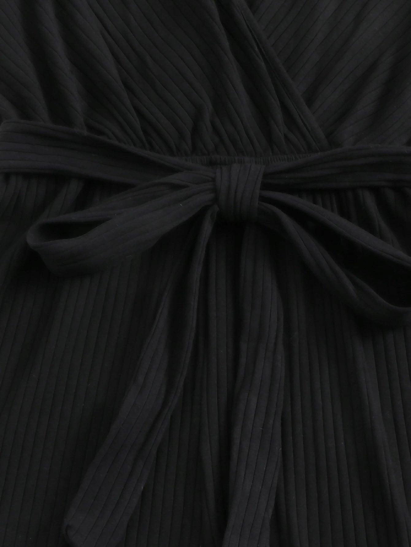 Neck Rib-knit Belted Romper-Comfy Jumpsuits