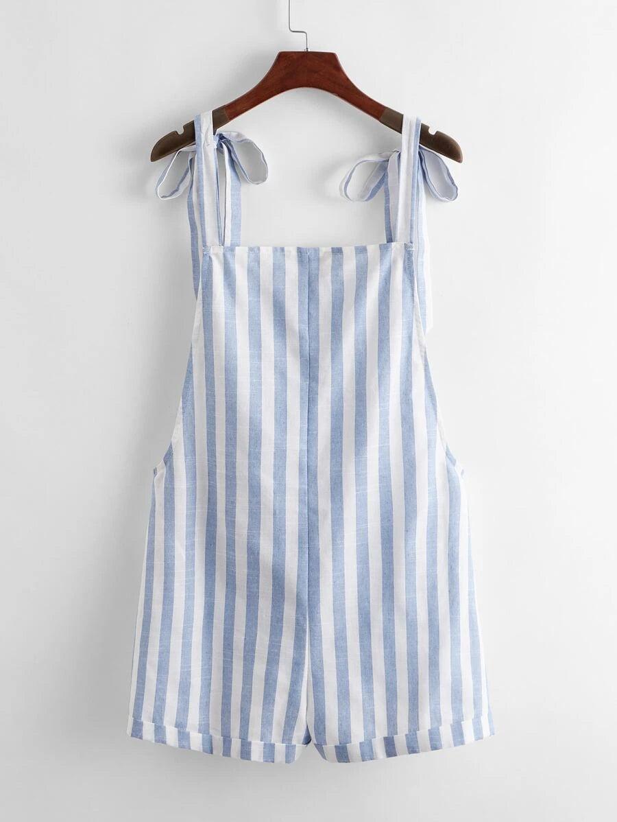 Tie Shoulder Pocket Patched Two Tone Striped Cuffed Romper-Comfy Jumpsuits