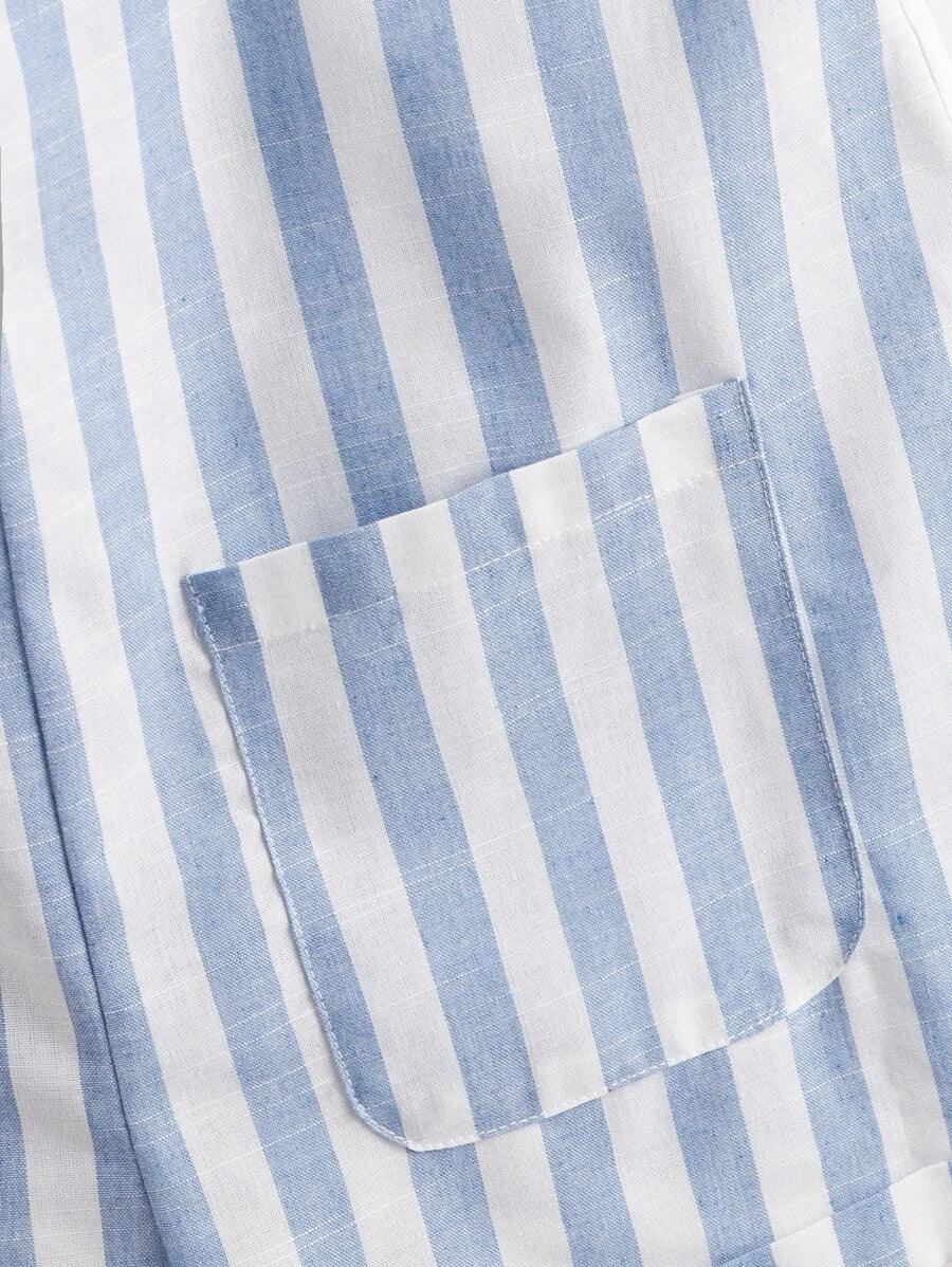 Tie Shoulder Pocket Patched Two Tone Striped Cuffed Romper-Comfy Jumpsuits