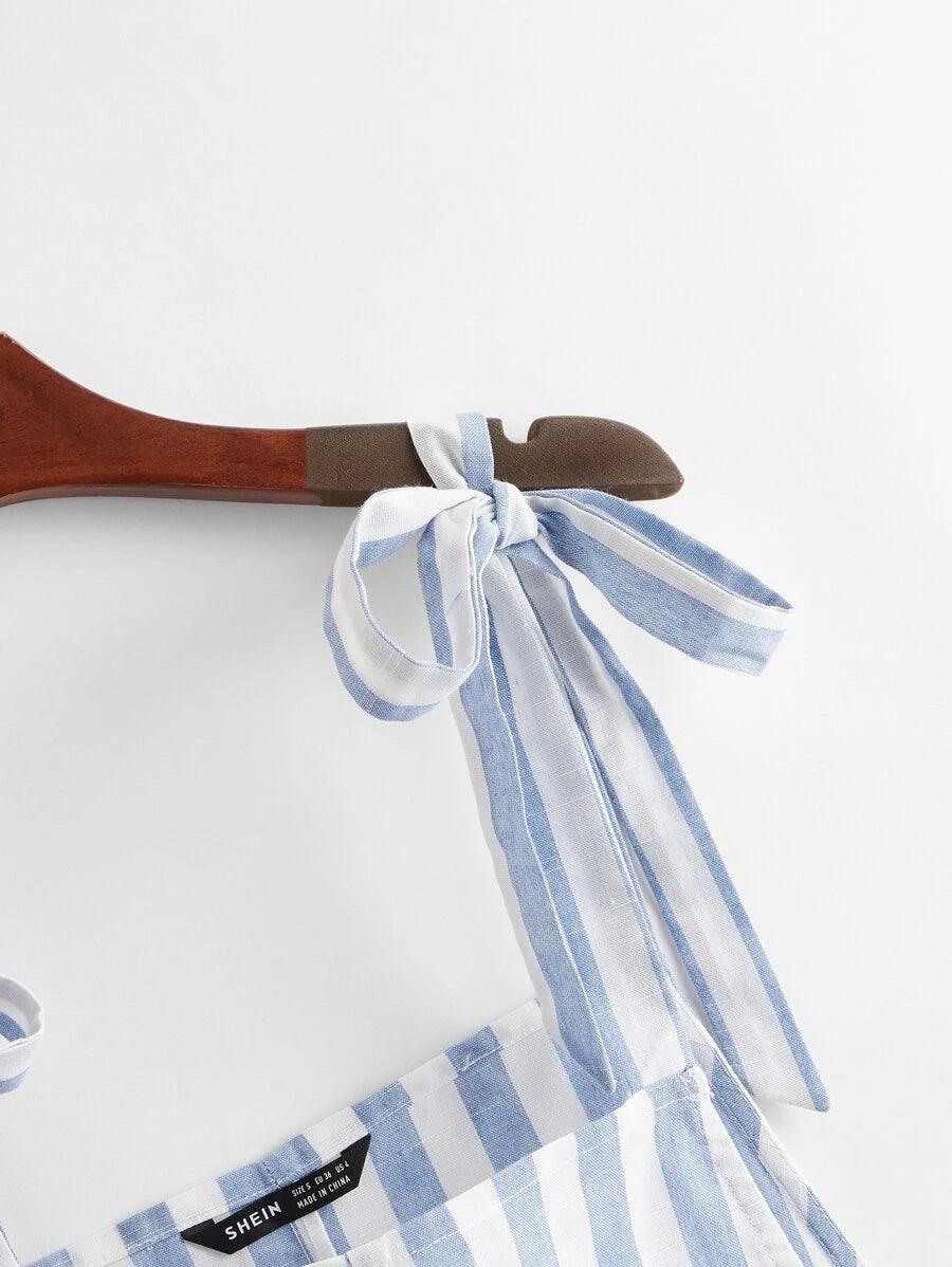 Tie Shoulder Pocket Patched Two Tone Striped Cuffed Romper-Comfy Jumpsuits