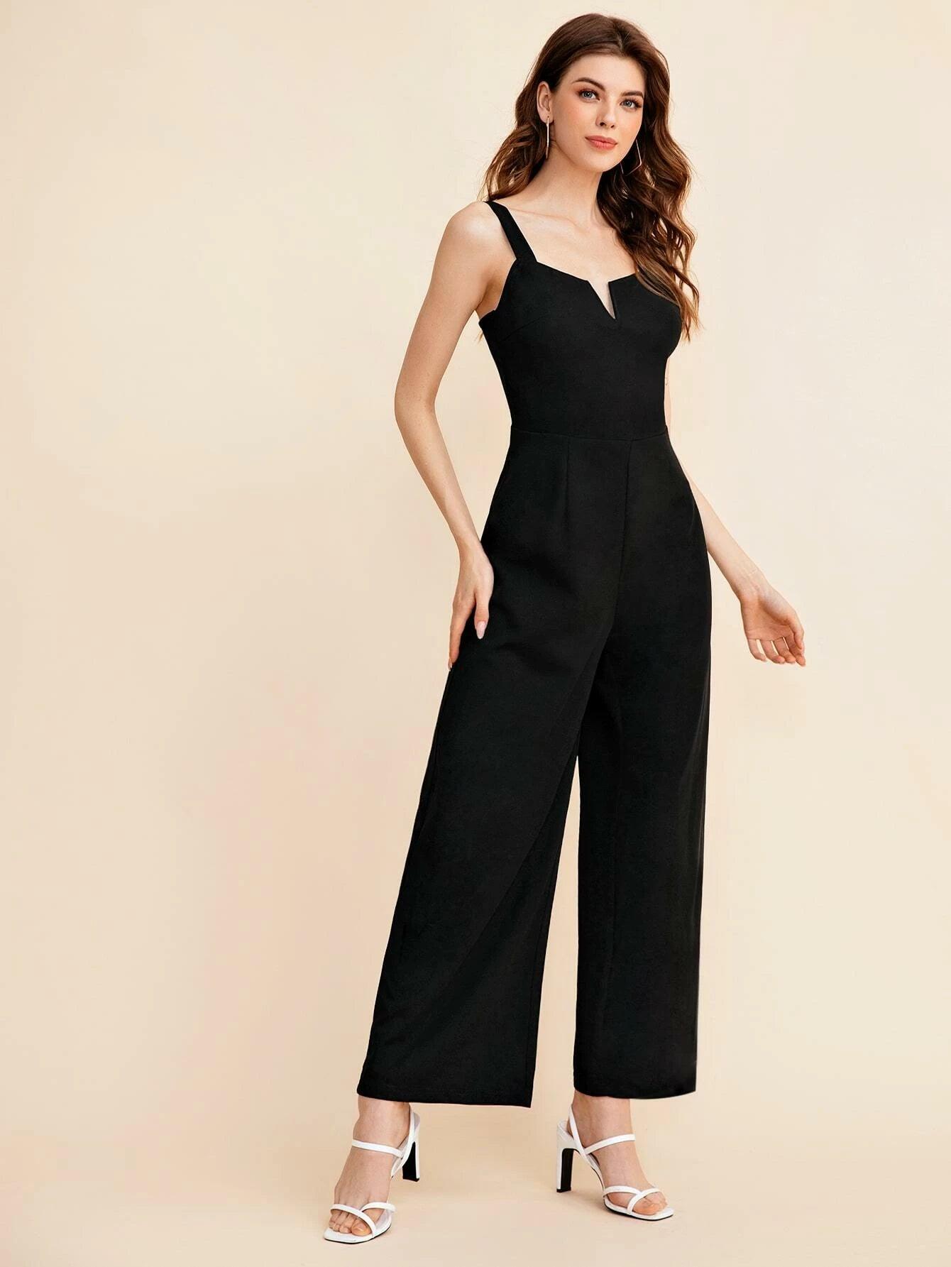 Notch Neck Solid Slip Jumpsuit-Comfy Jumpsuits