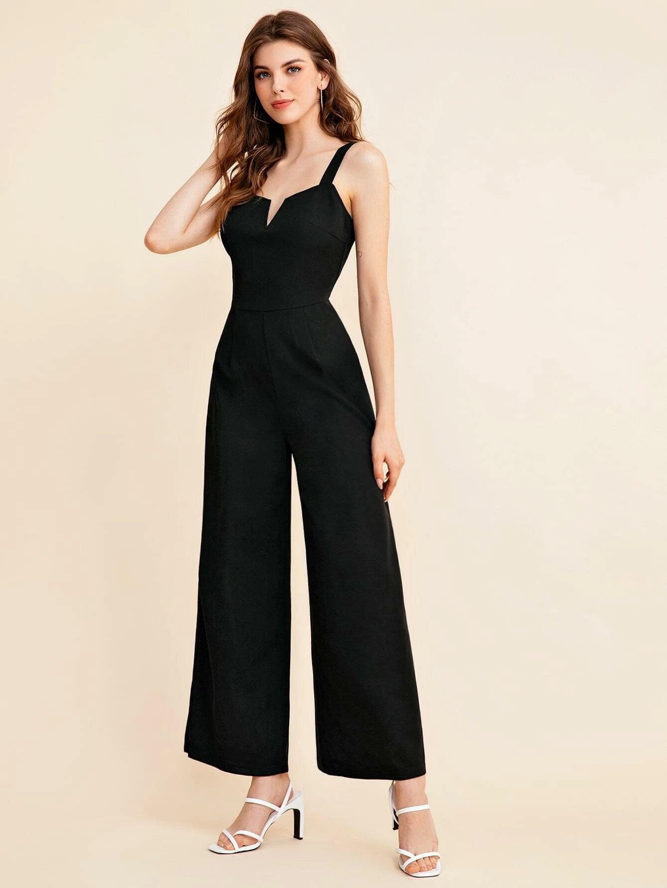 Notch Neck Solid Slip Jumpsuit-Comfy Jumpsuits