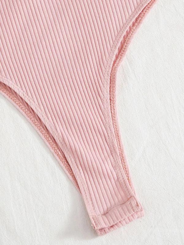 Ribbed Knit One Shoulder Puff Sleeve Plain Bodysuit-Comfy Jumpsuits