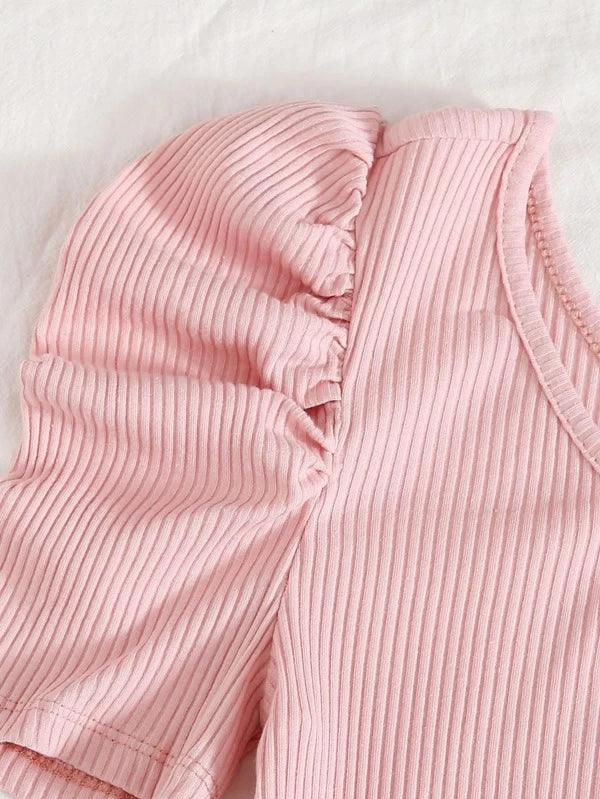 Ribbed Knit One Shoulder Puff Sleeve Plain Bodysuit-Comfy Jumpsuits
