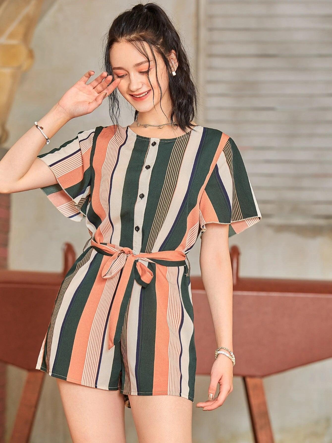 Block Striped Half Button Self Tie Romper-Comfy Jumpsuits