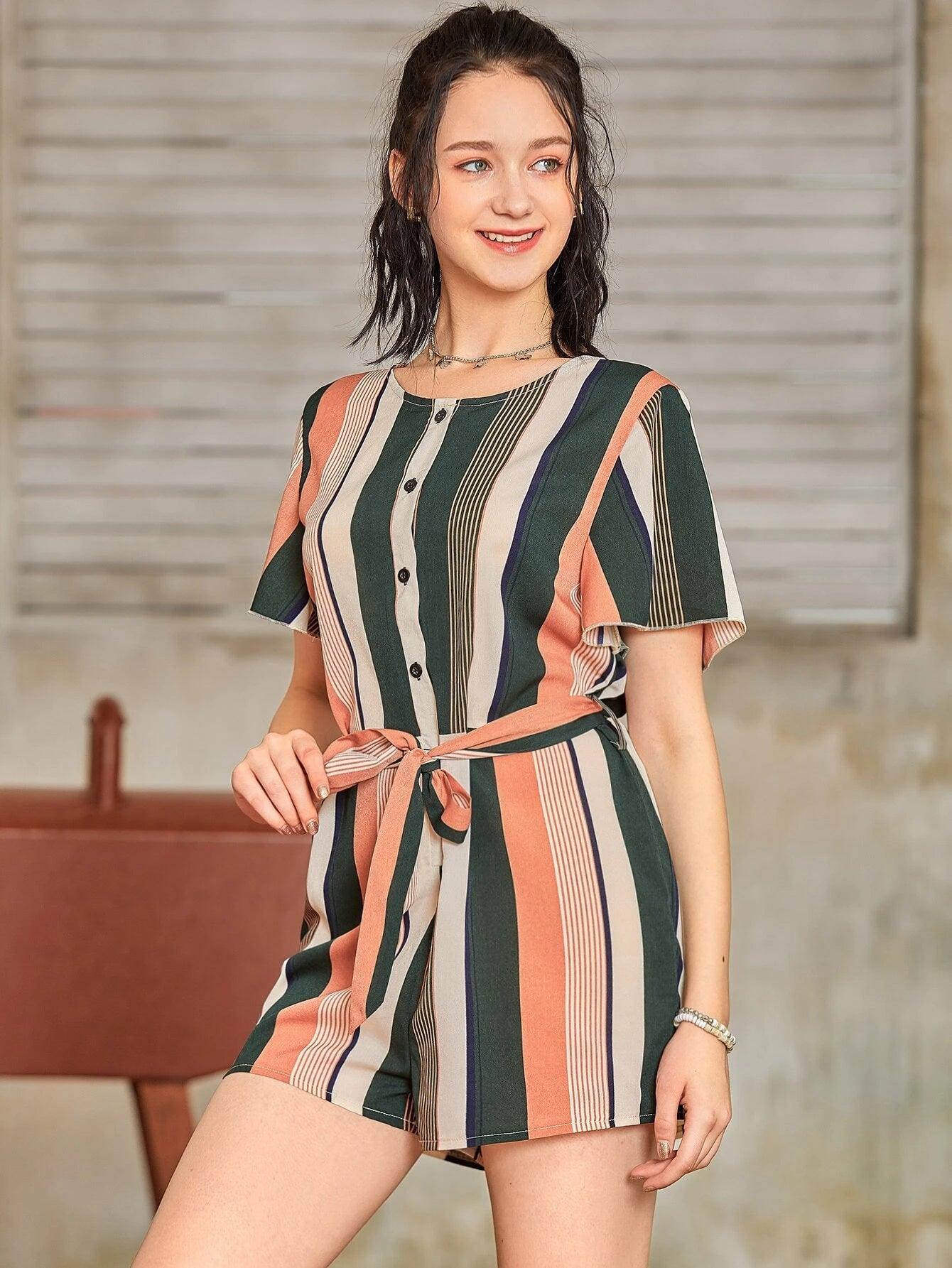 Block Striped Half Button Self Tie Romper-Comfy Jumpsuits