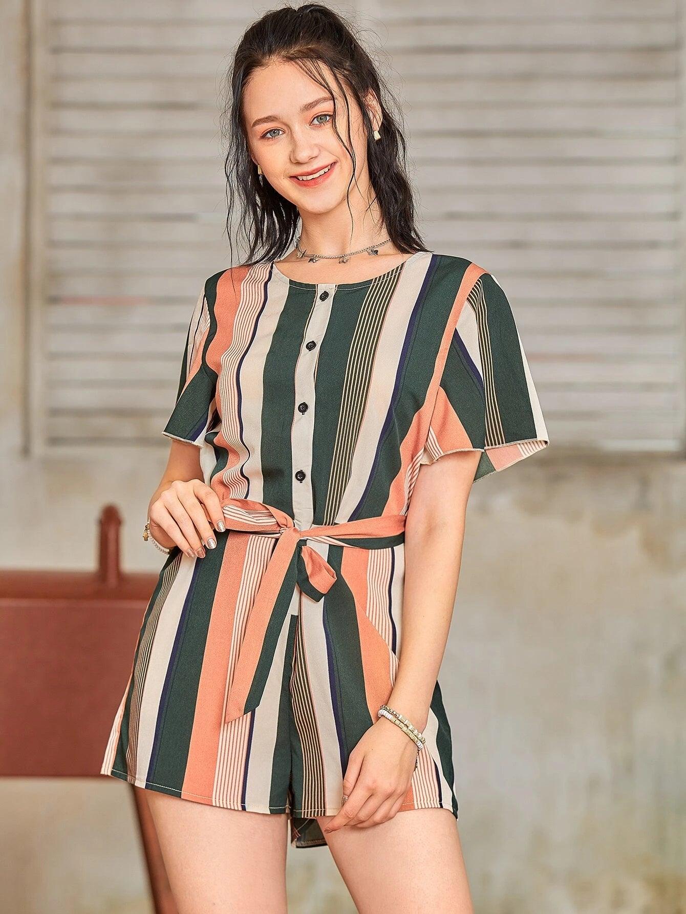 Block Striped Half Button Self Tie Romper-Comfy Jumpsuits
