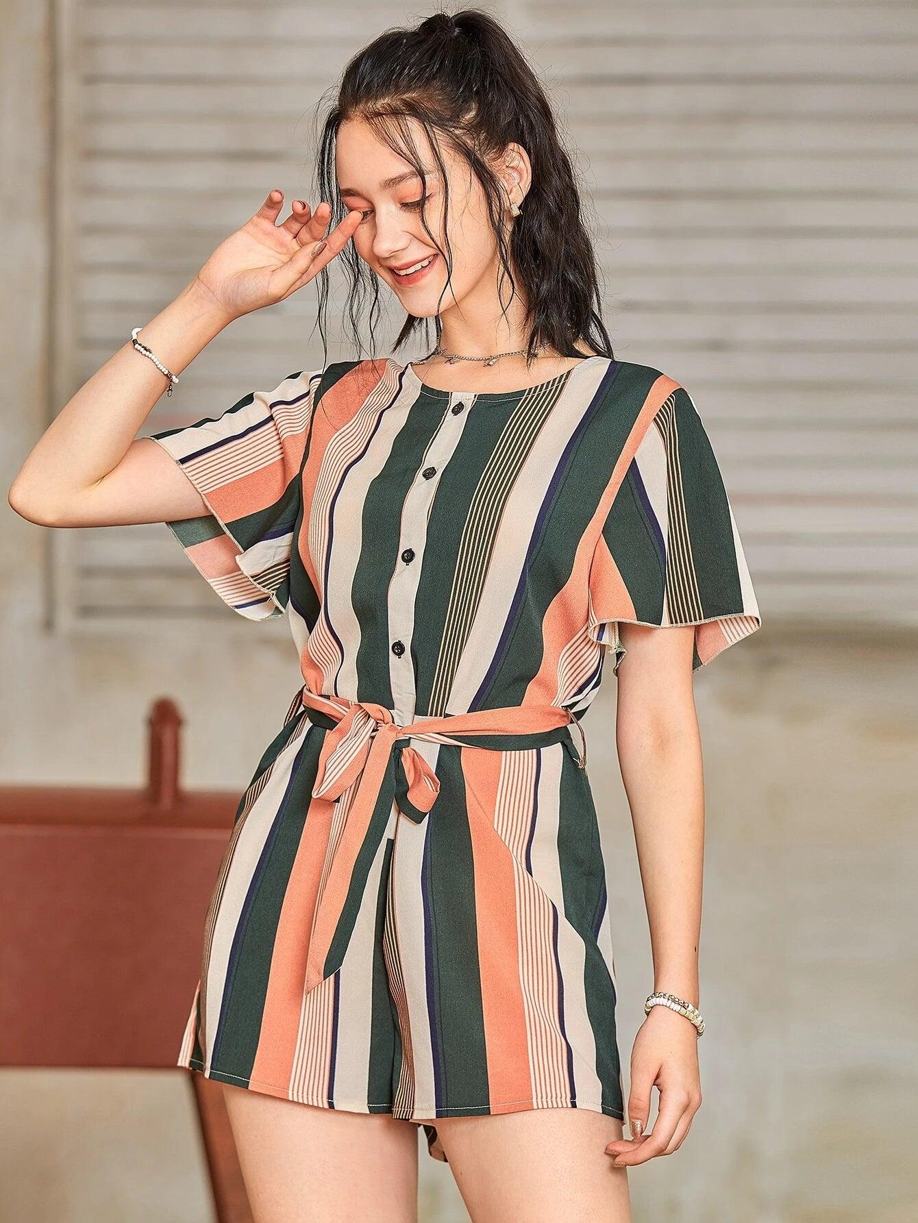 Block Striped Half Button Self Tie Romper-Comfy Jumpsuits