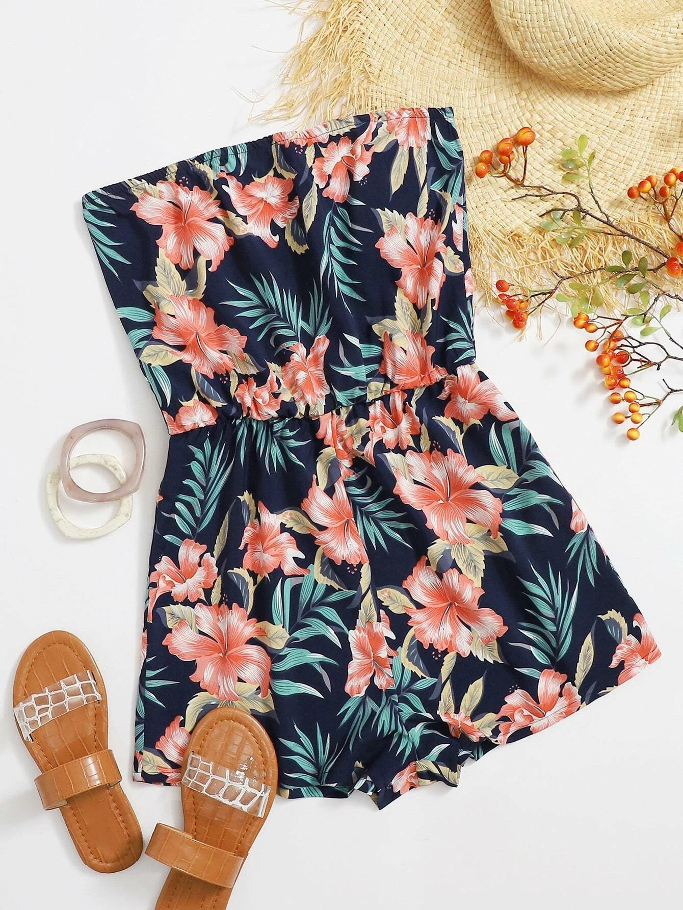 Tropical Print Tube Romper-Comfy Jumpsuits