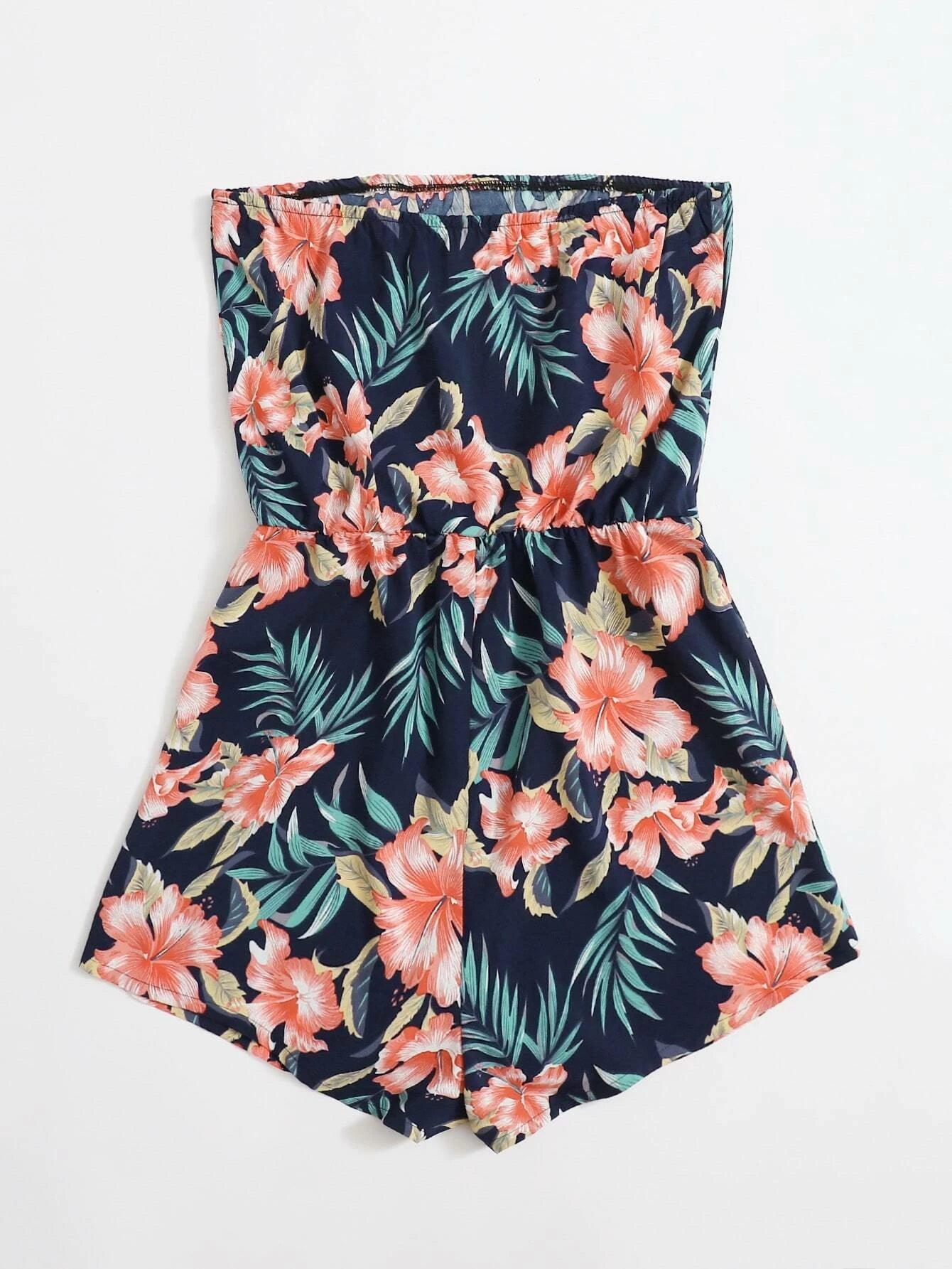 Tropical Print Tube Romper-Comfy Jumpsuits
