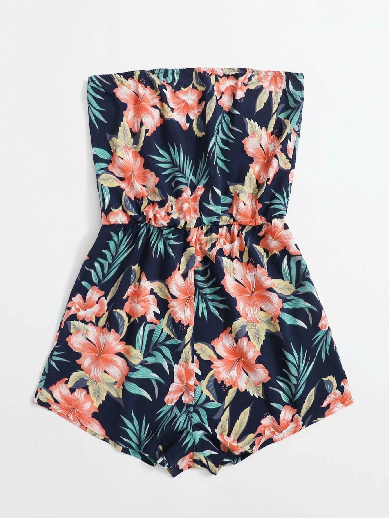 Tropical Print Tube Romper-Comfy Jumpsuits