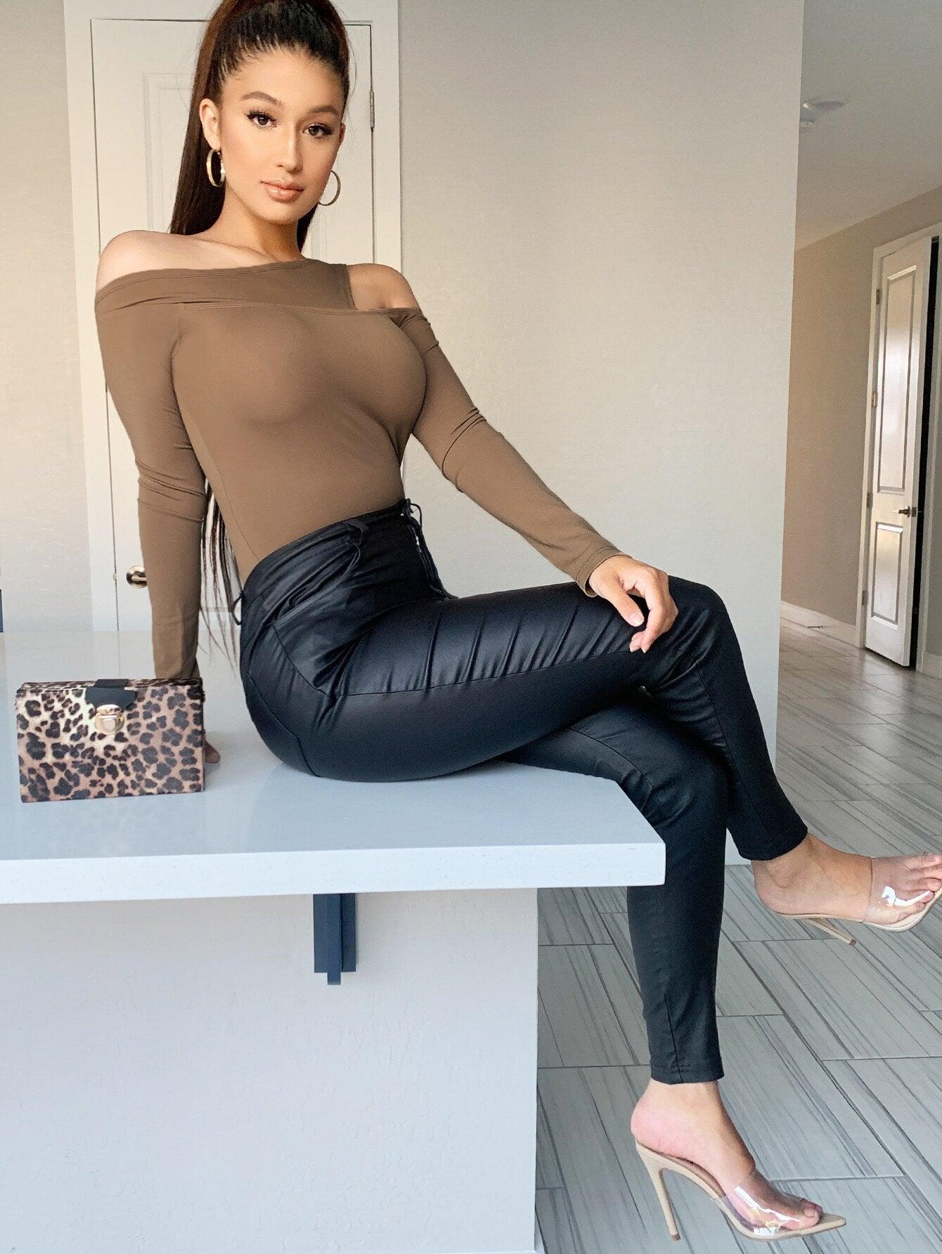 Asymmetrical Neck Form Fitted Bodysuit-Comfy Jumpsuits