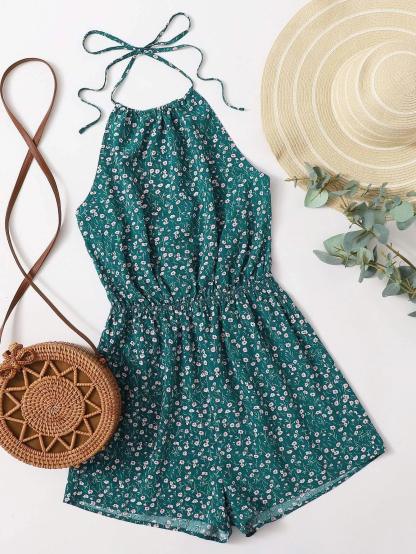 Floral Print Tie Back Halter Romper-Comfy Jumpsuits