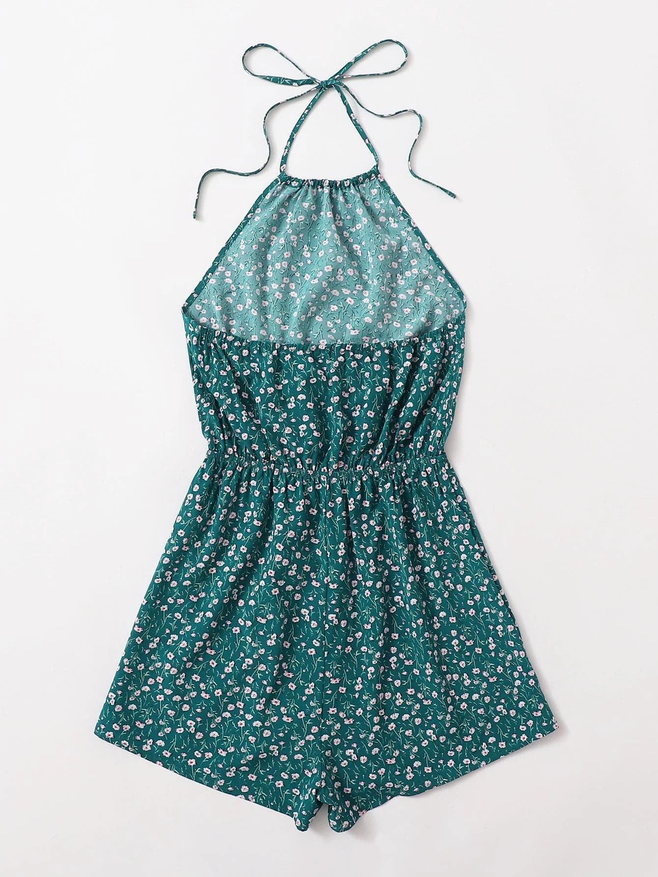 Floral Print Tie Back Halter Romper-Comfy Jumpsuits