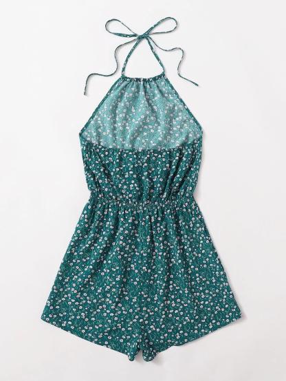 Floral Print Tie Back Halter Romper-Comfy Jumpsuits
