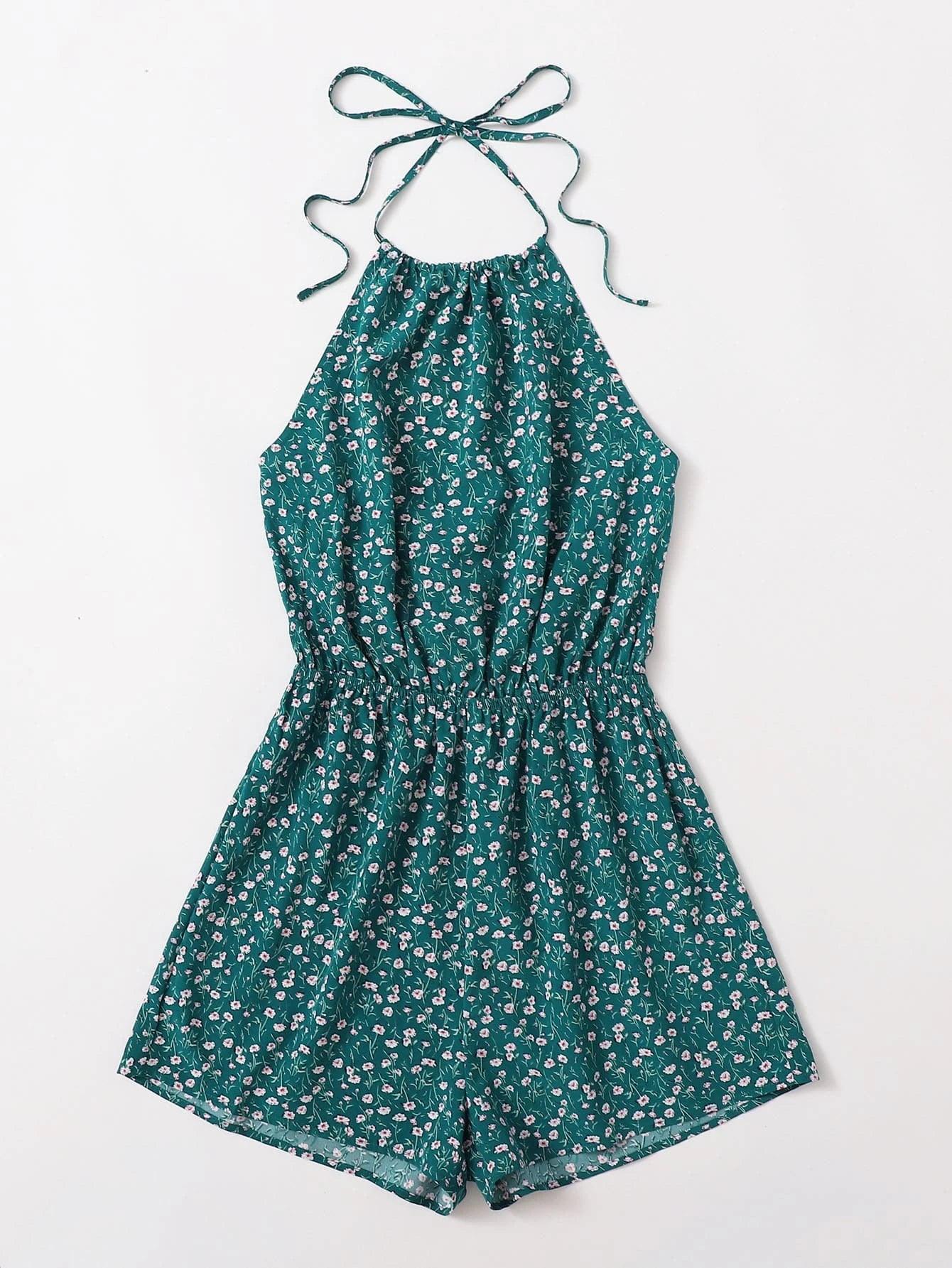 Floral Print Tie Back Halter Romper-Comfy Jumpsuits
