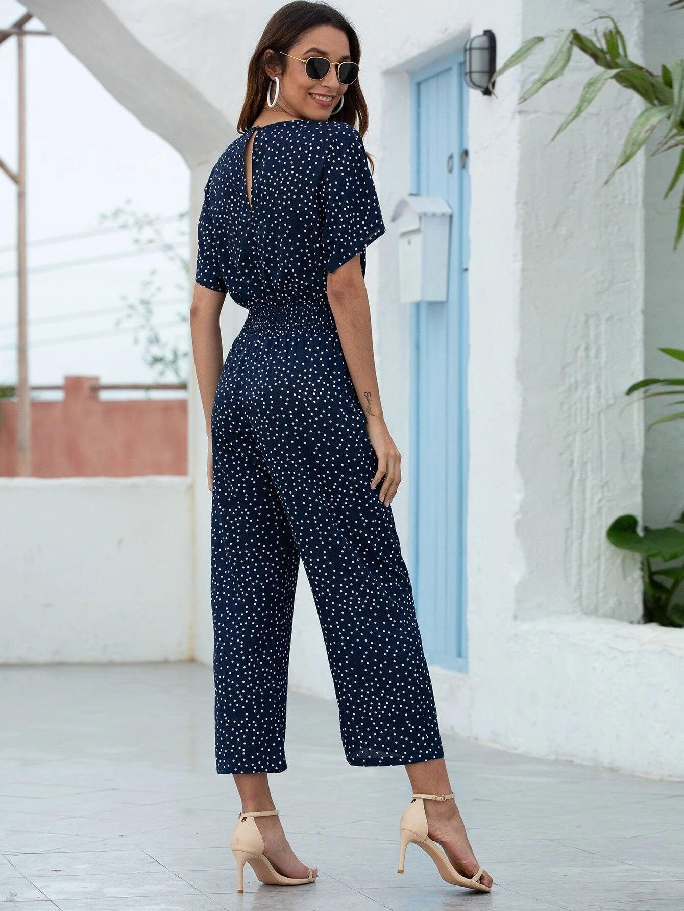 Dot Surplice Front Jumpsuit-Comfy Jumpsuits