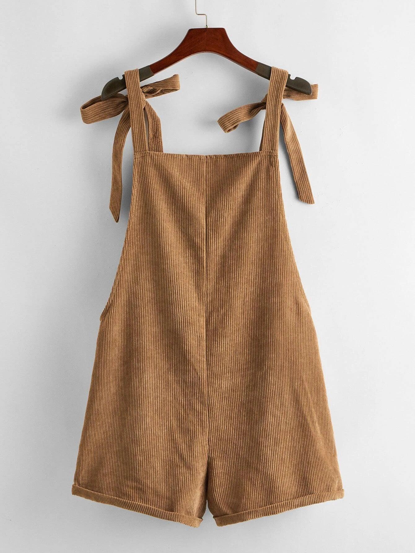 Knot Shoulder Patch Pocket Cord Overall Shorts-Comfy Jumpsuits