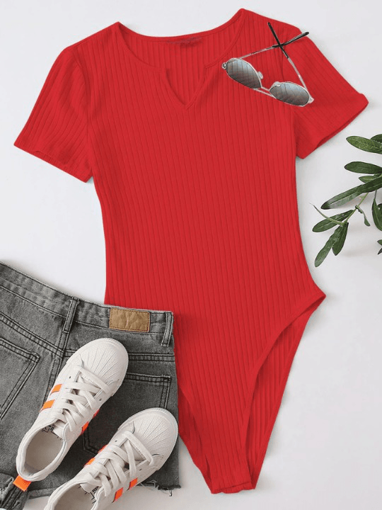 Notched Neck Rib-knit Bodysuit-Comfy Jumpsuits