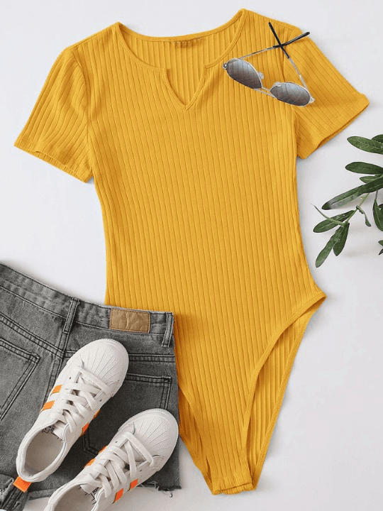 Notched Neck Rib-knit Bodysuit-Comfy Jumpsuits