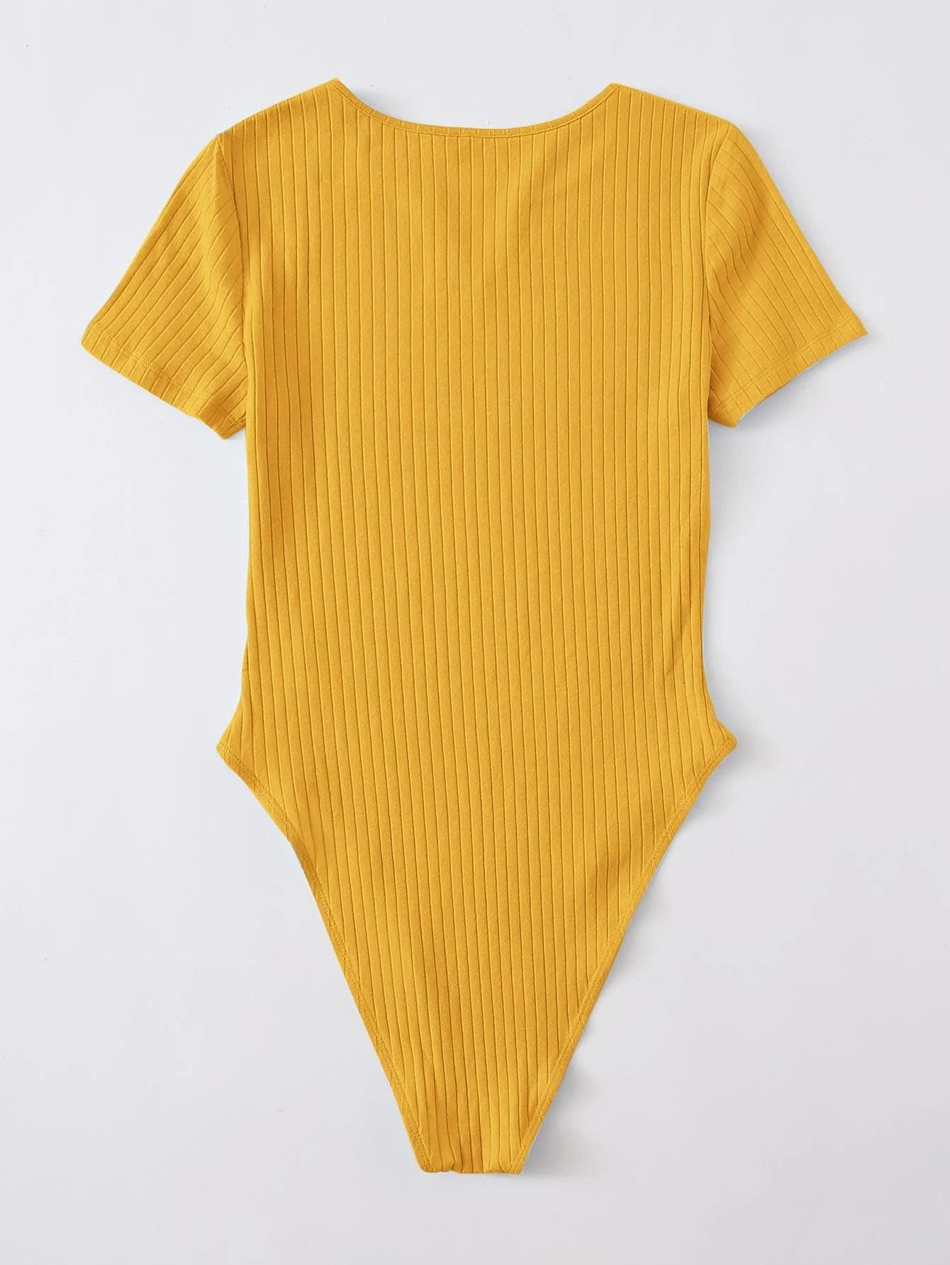 Notched Neck Rib-knit Bodysuit-Comfy Jumpsuits