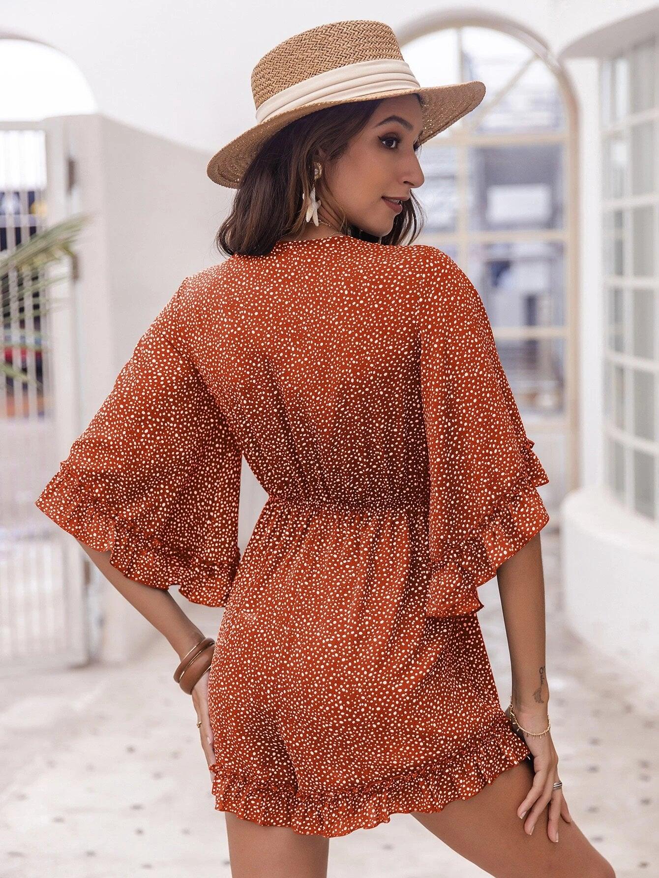 Tie Front Dalmatian Short Romper-Comfy Jumpsuits