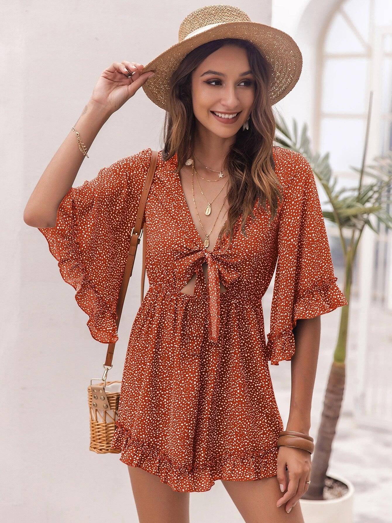 Tie Front Dalmatian Short Romper-Comfy Jumpsuits