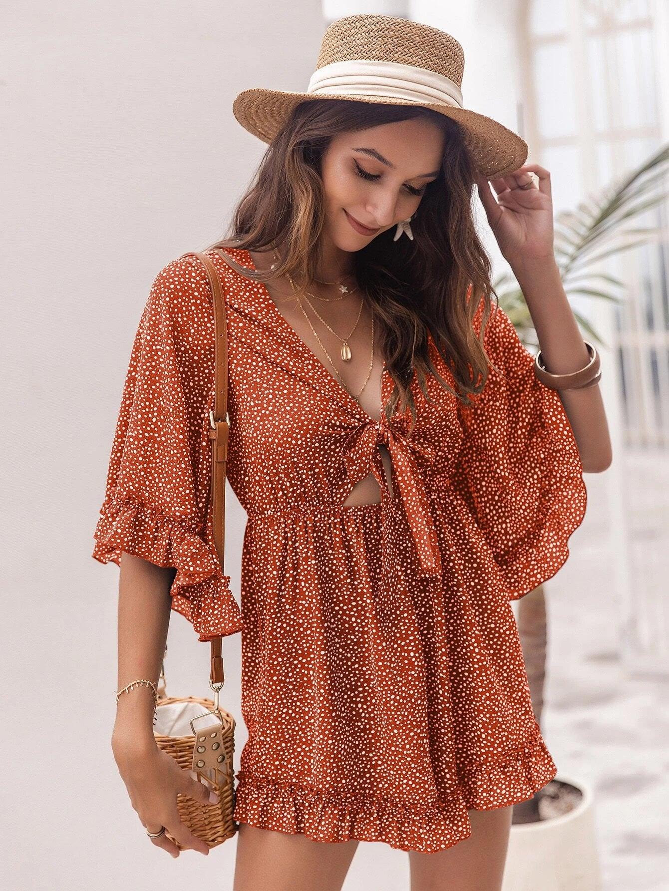 Tie Front Dalmatian Short Romper-Comfy Jumpsuits