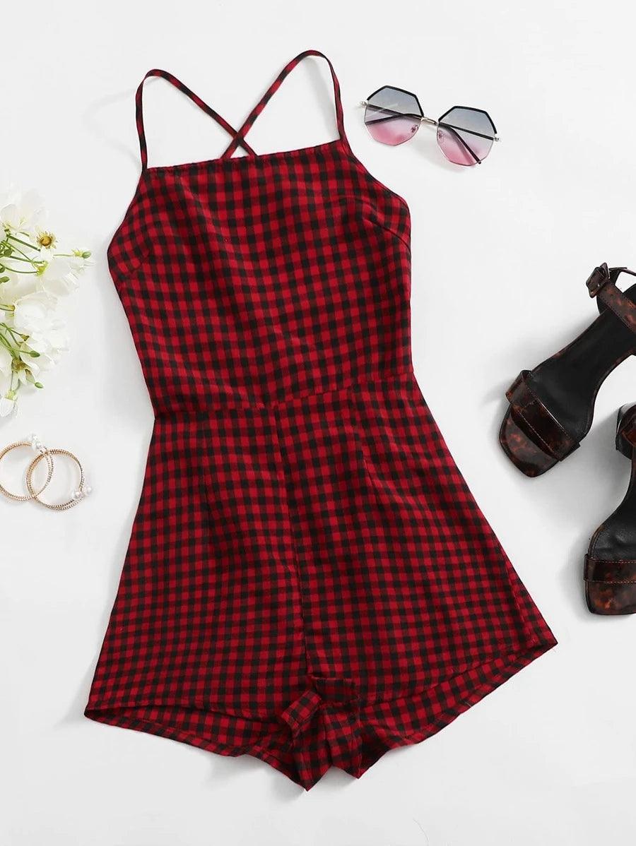 Lace-up Open Back Buffalo Plaid Cami Romper-Comfy Jumpsuits