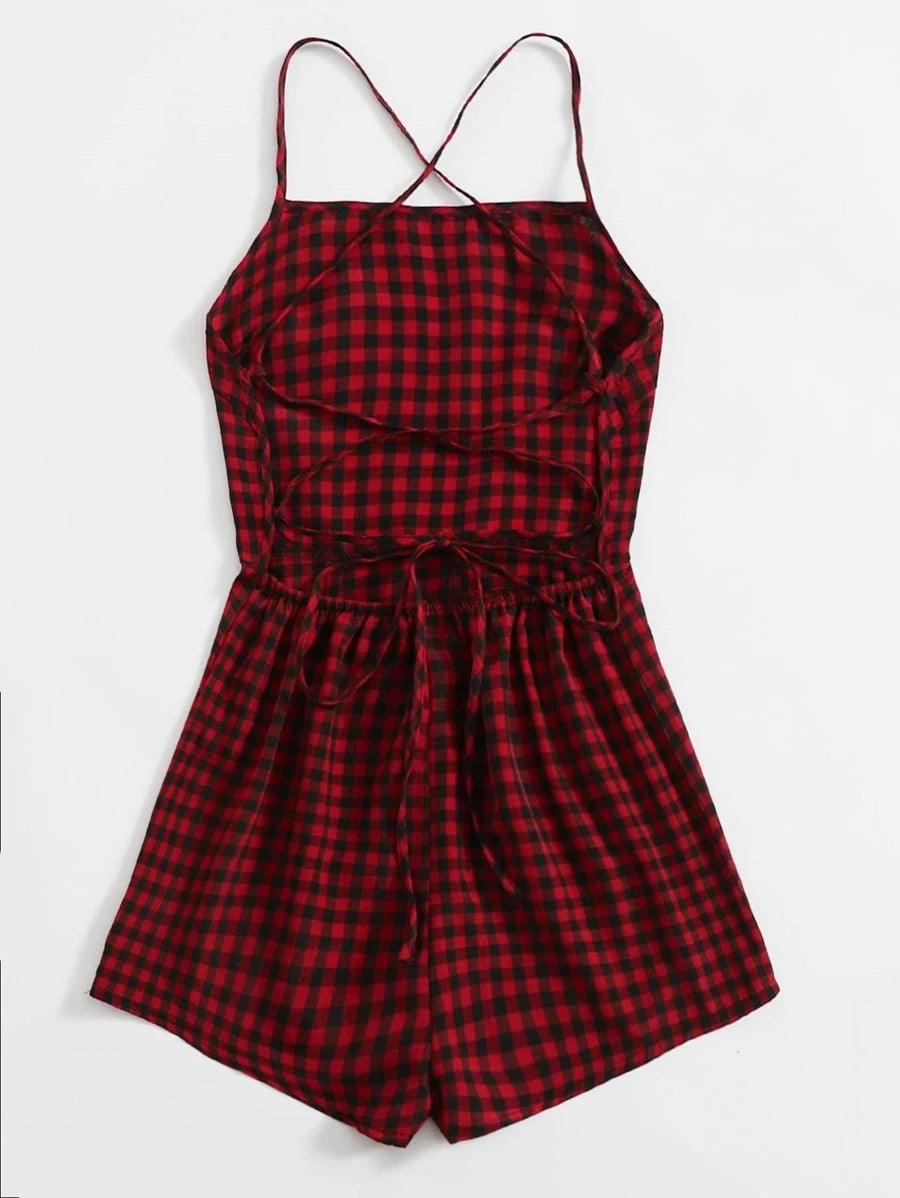 Lace-up Open Back Buffalo Plaid Cami Romper-Comfy Jumpsuits
