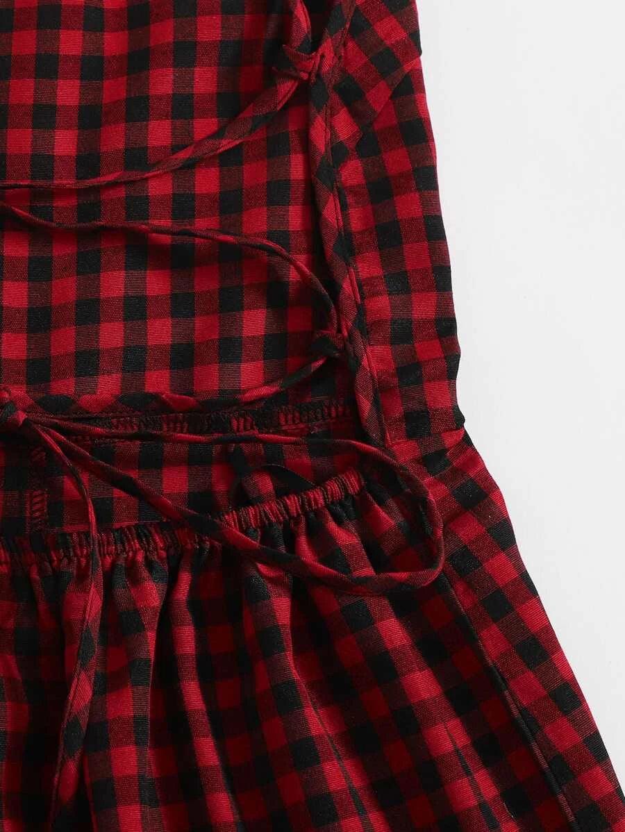 Lace-up Open Back Buffalo Plaid Cami Romper-Comfy Jumpsuits