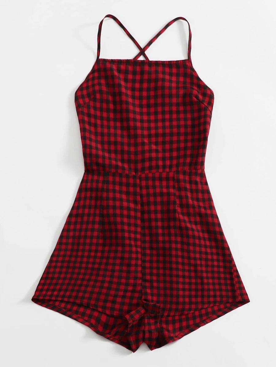 Lace-up Open Back Buffalo Plaid Cami Romper-Comfy Jumpsuits