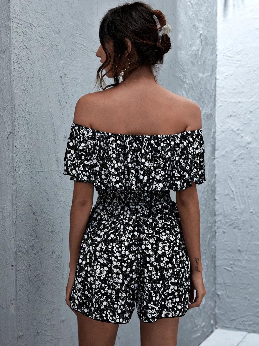 Ruffle Off Shoulder Floral Print Romper-Comfy Jumpsuits