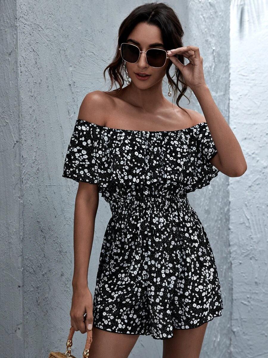 Ruffle Off Shoulder Floral Print Romper-Comfy Jumpsuits