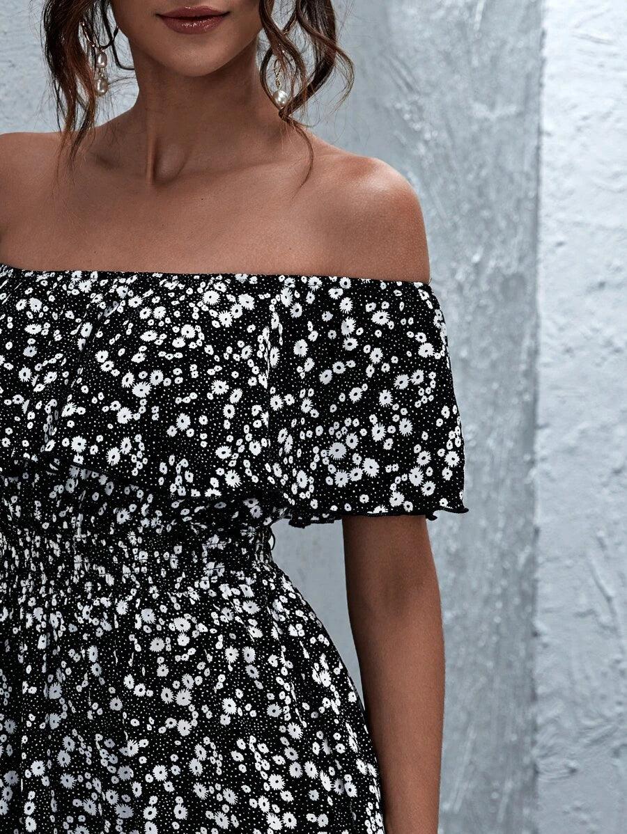 Ruffle Off Shoulder Floral Print Romper-Comfy Jumpsuits