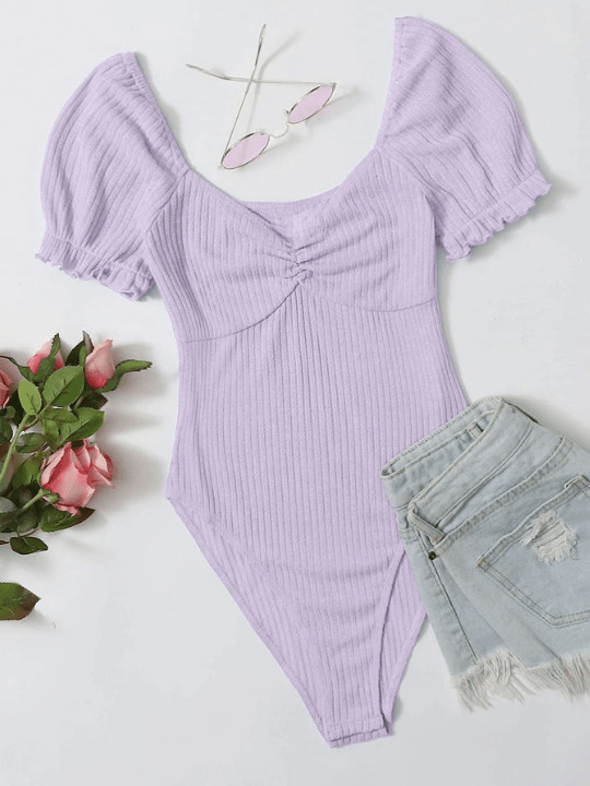 Frilled Puff Sleeved Bodysuit-Comfy Jumpsuits