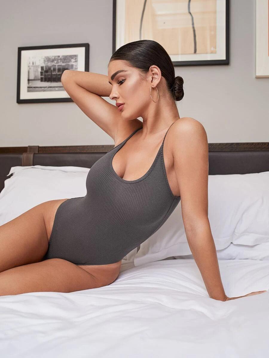 Open Back Rib-knit Cami Bodysuit-Comfy Jumpsuits