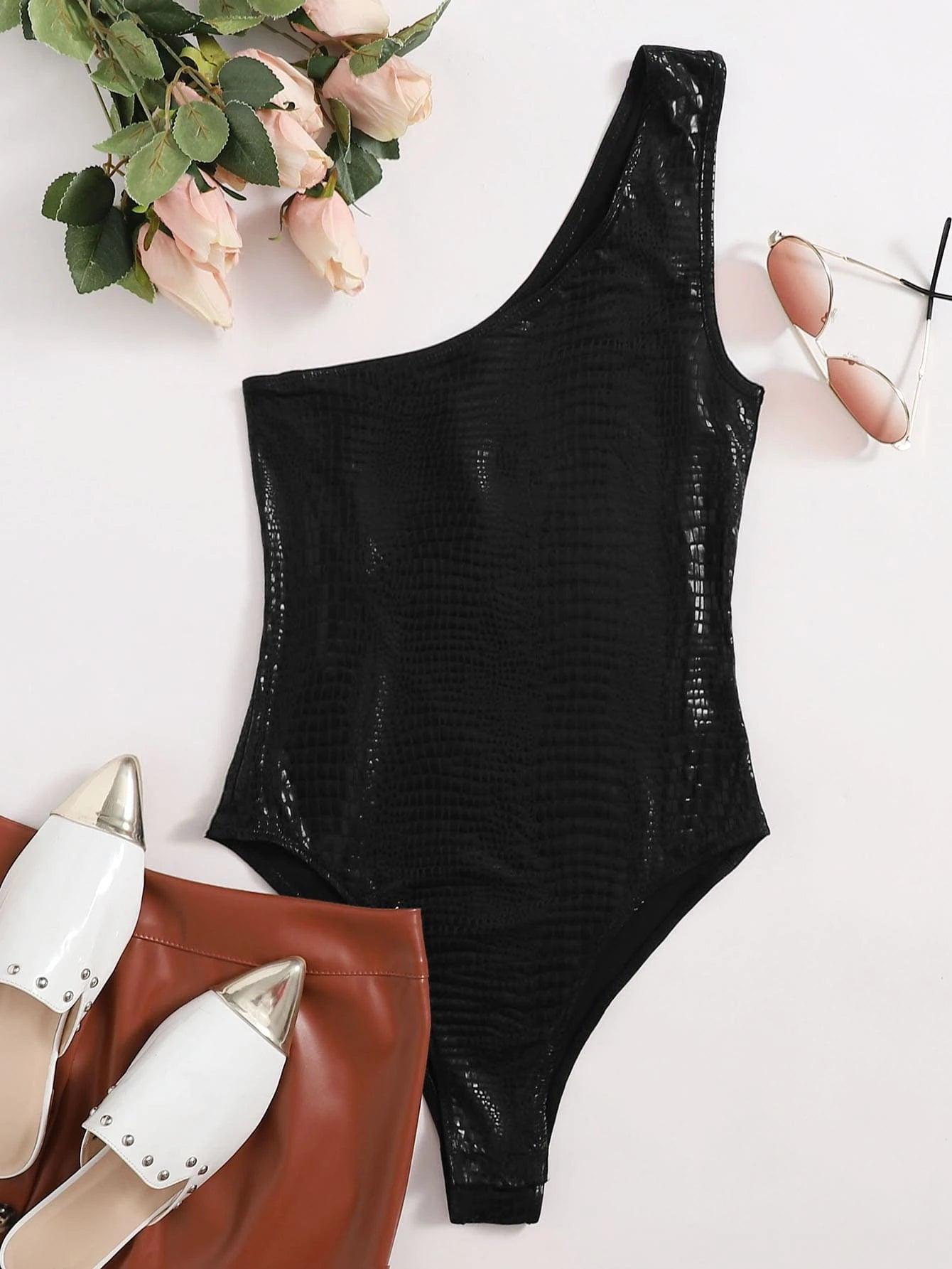 One Shoulder Crocodile Embossed Bodysuit-Comfy Jumpsuits
