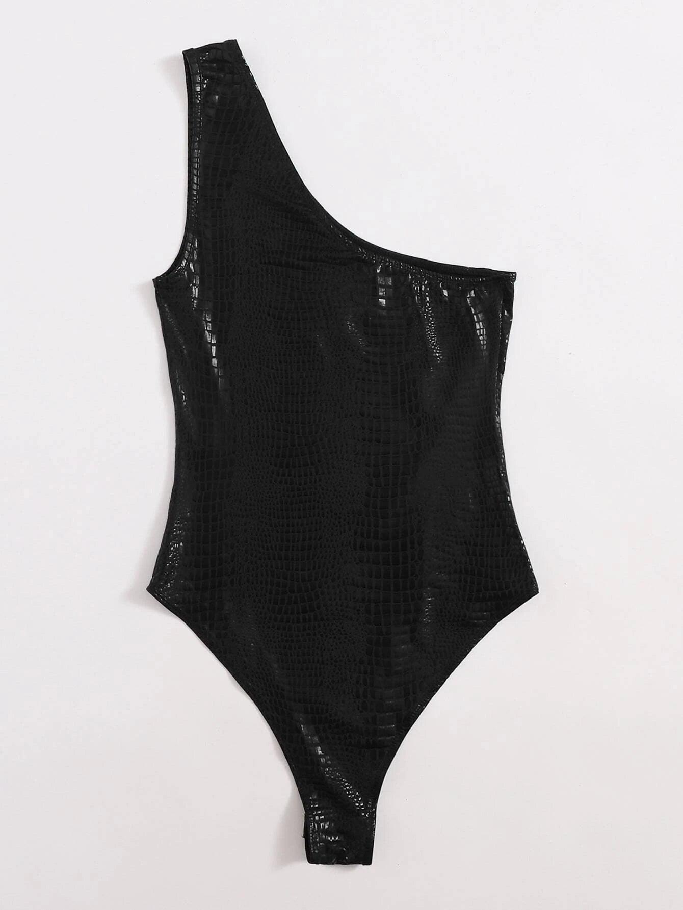 One Shoulder Crocodile Embossed Bodysuit-Comfy Jumpsuits