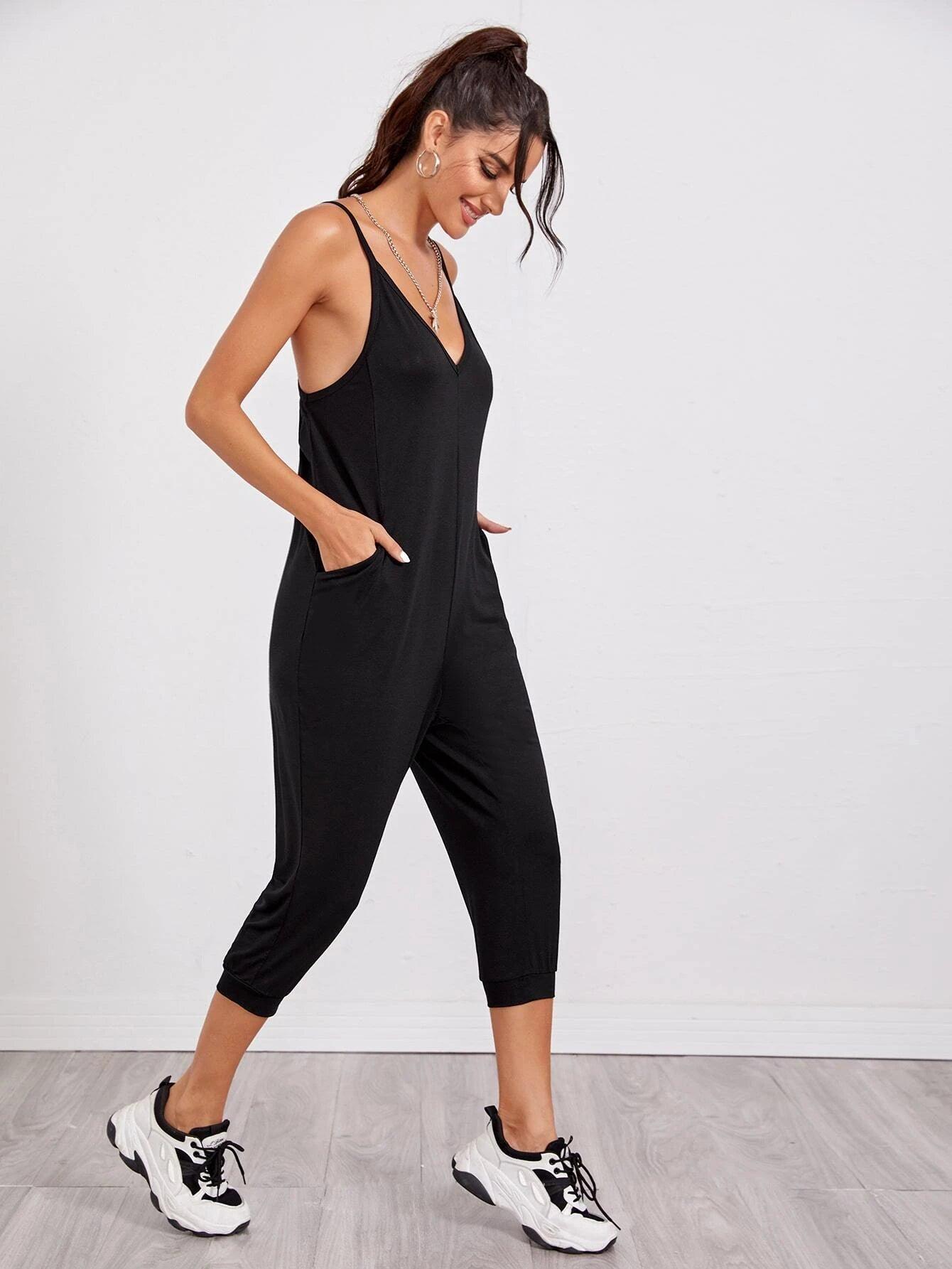 V-Neck Cami Jogger Jumpsuit-Comfy Jumpsuits