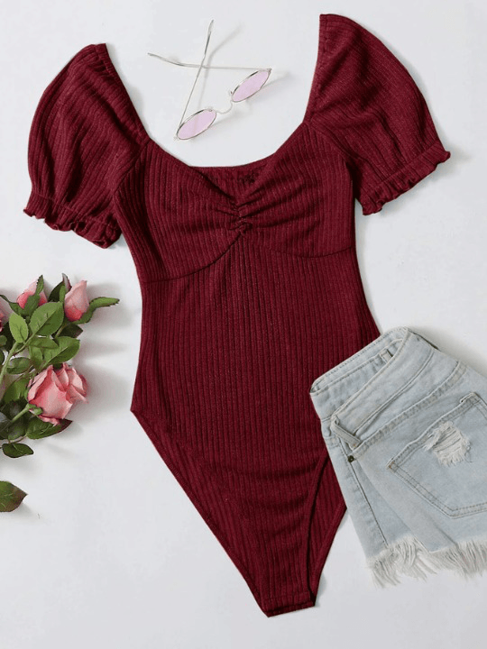 Frilled Puff Sleeved Bodysuit-Comfy Jumpsuits