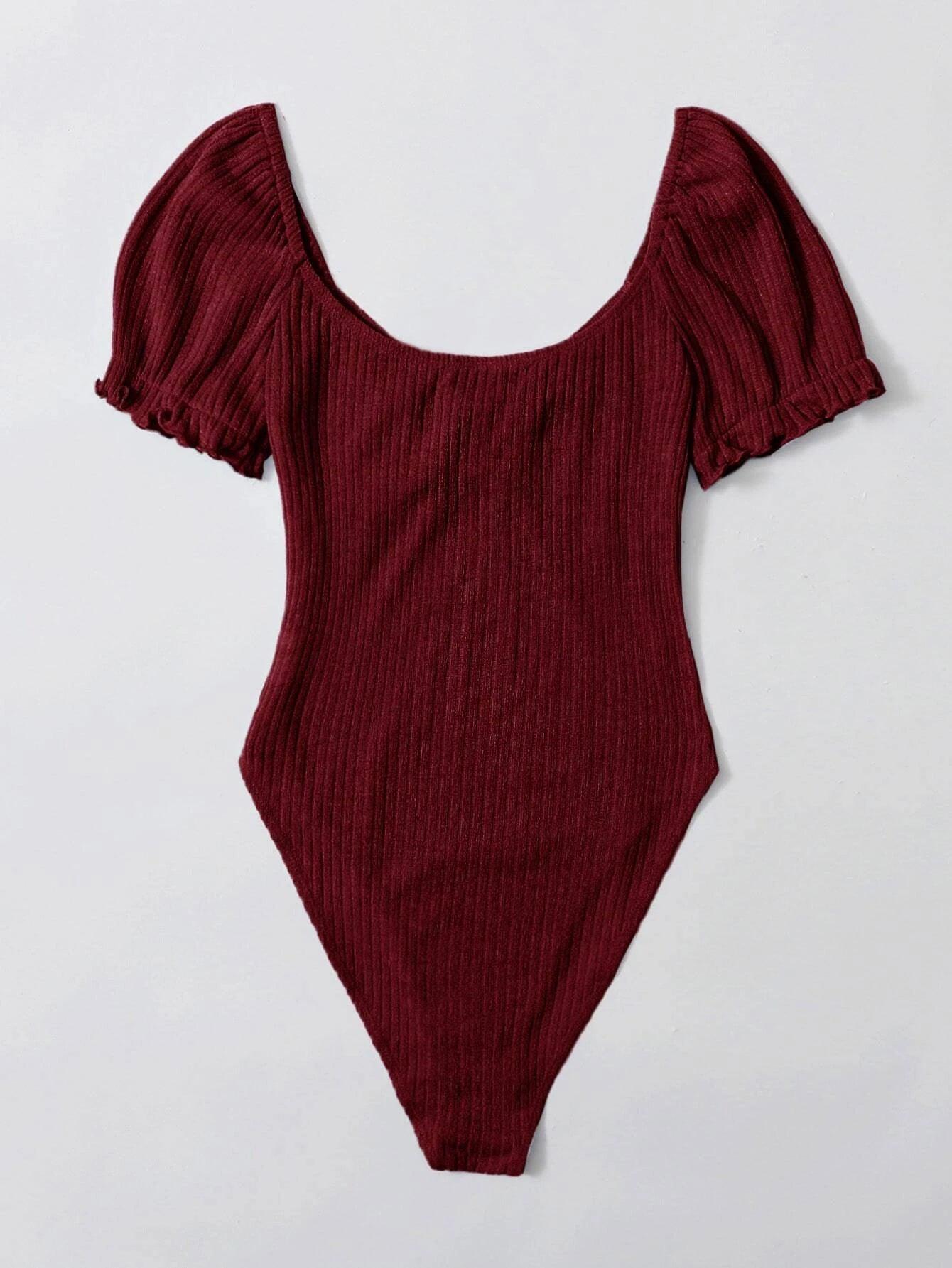 Frilled Puff Sleeved Bodysuit-Comfy Jumpsuits