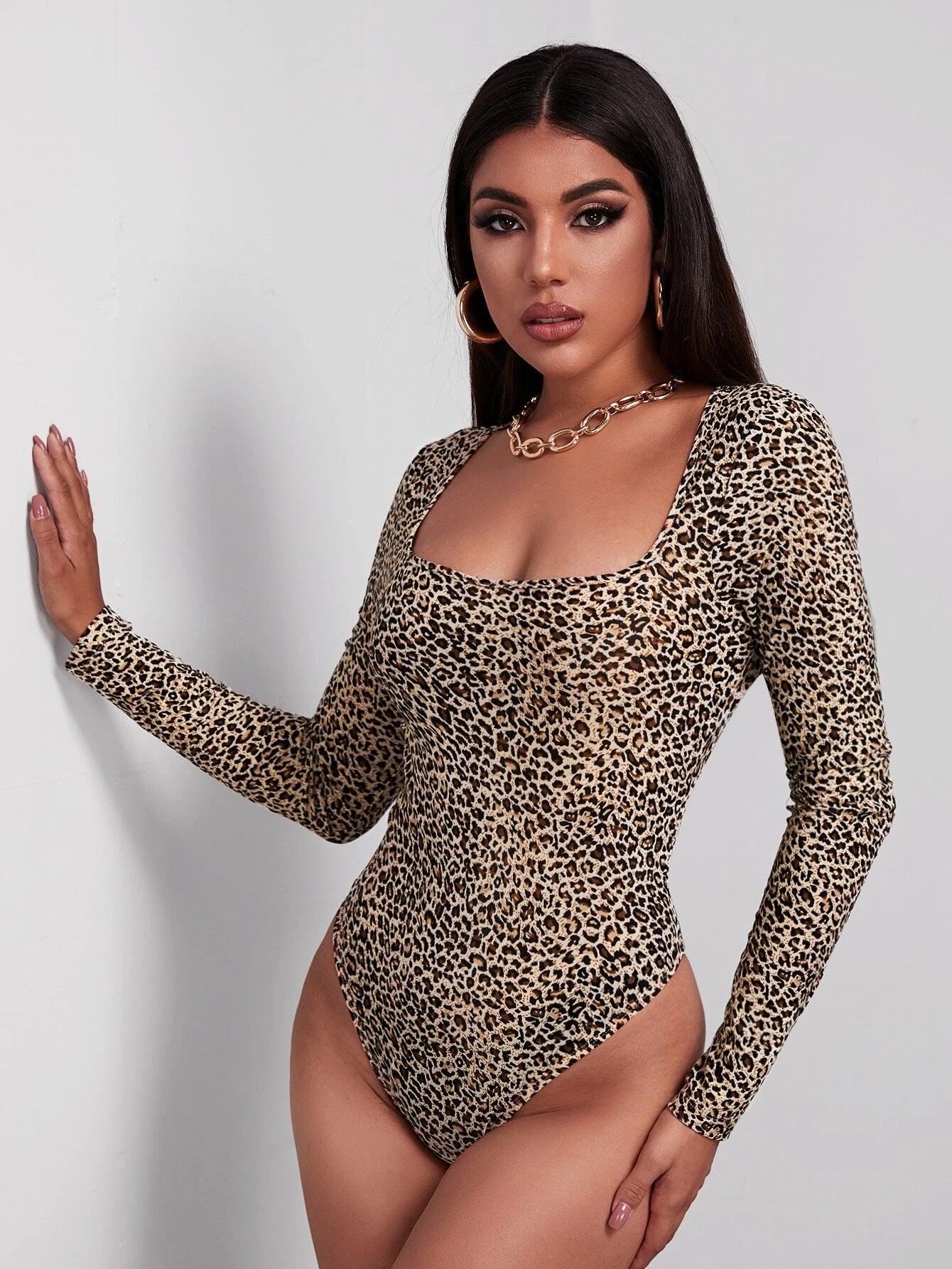 Leopard Print Long Sleeve Cheeky Bodysuit-Comfy Jumpsuits