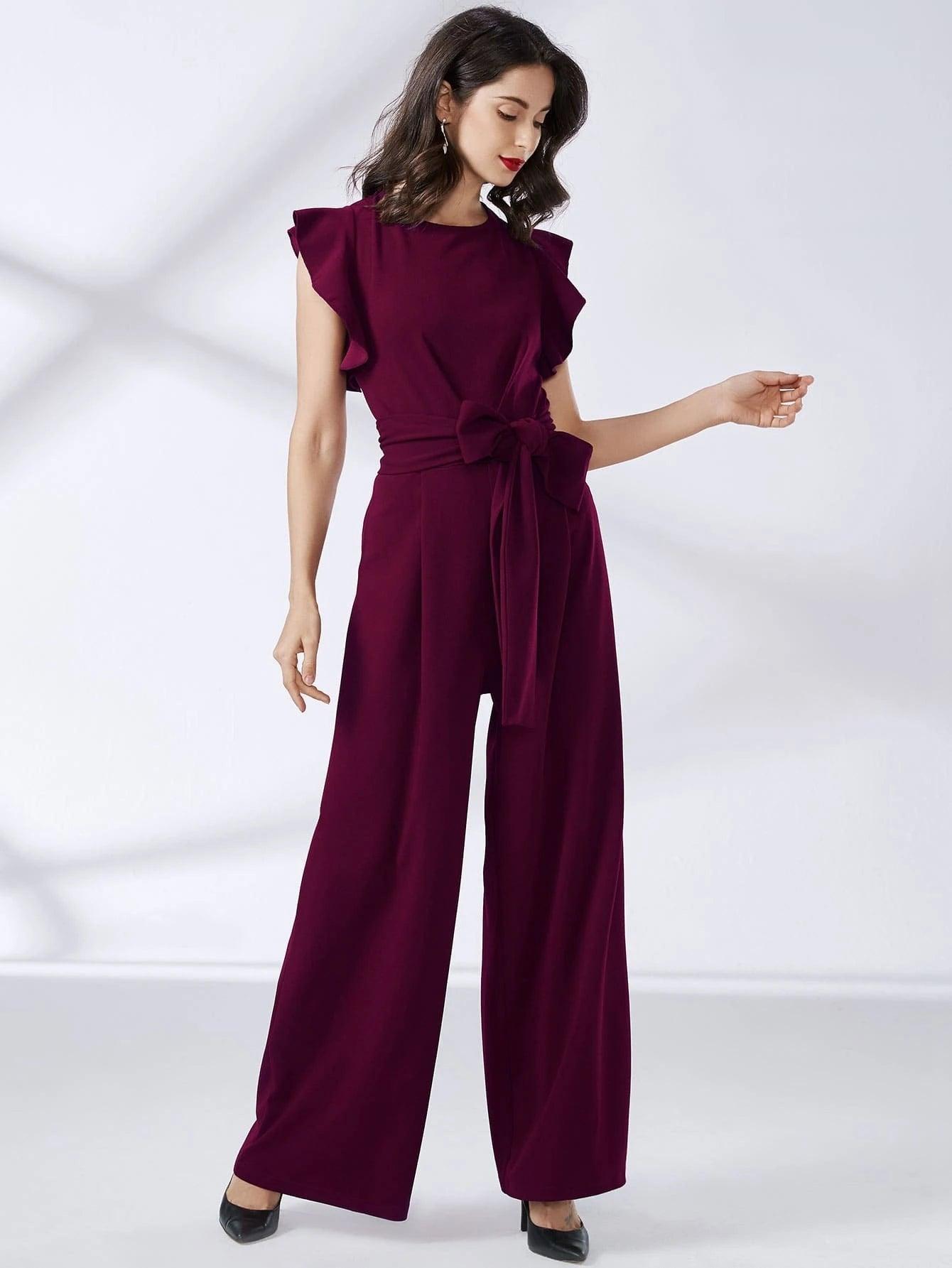 Trim Belted Wide Leg Jumpsuit-Comfy Jumpsuits