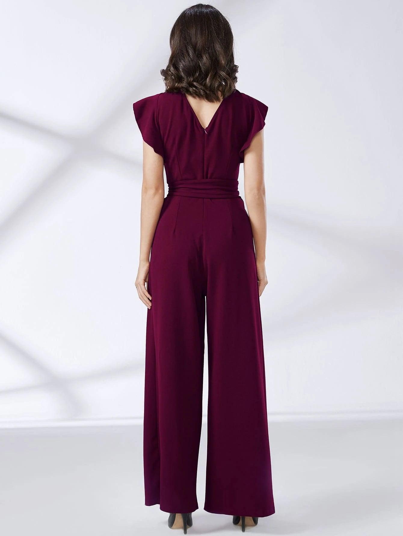 Trim Belted Wide Leg Jumpsuit-Comfy Jumpsuits